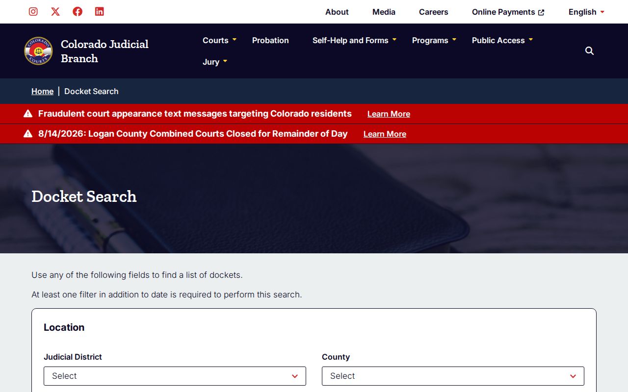 Teller County court calendar statewide docket fields