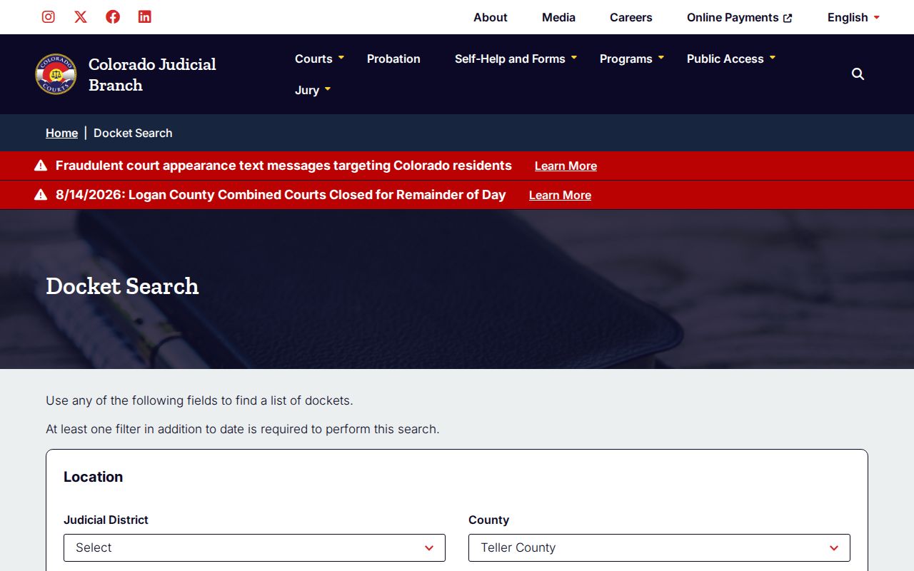 Teller County court calendar filtered hearing search