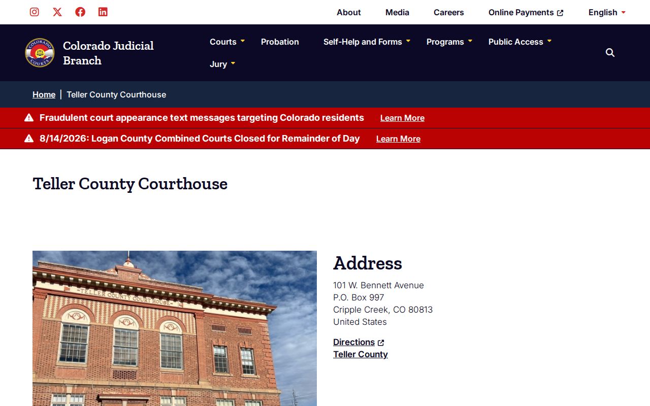 Teller County court docket courthouse visitor page