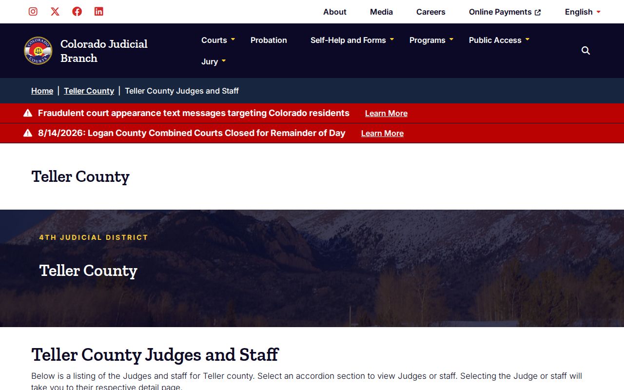 Teller County court docket judges staff and clerk directory