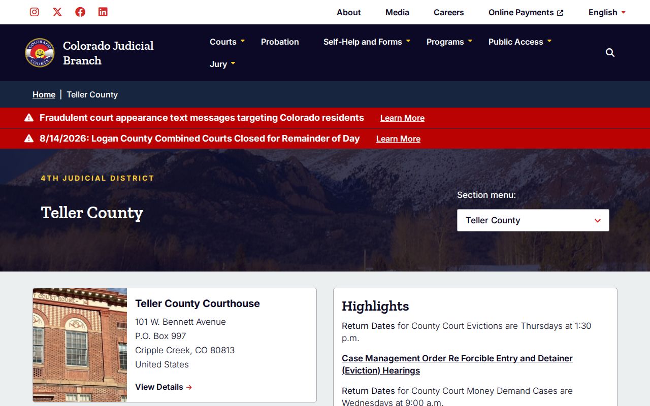 Teller County court docket notices schedules and access links