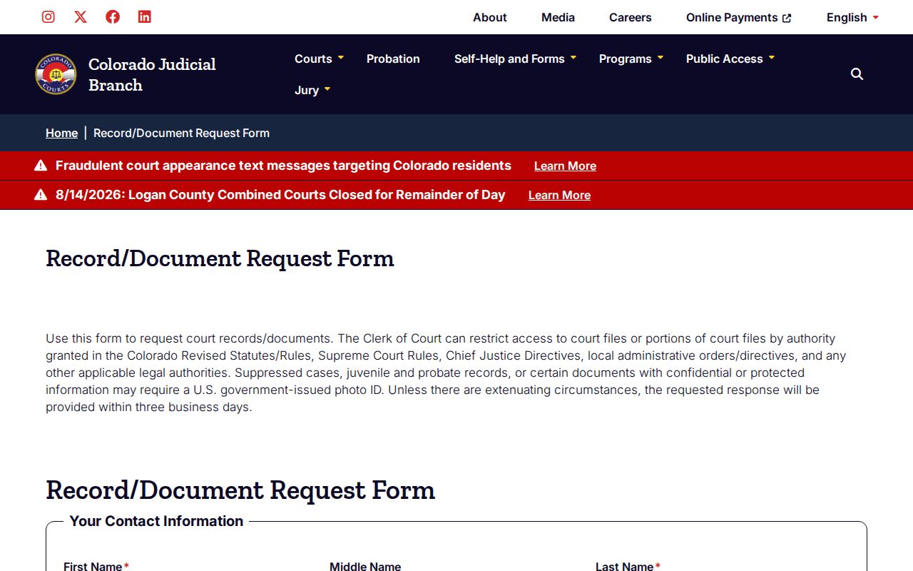 Teller County court records request form for documents and Register of Actions
